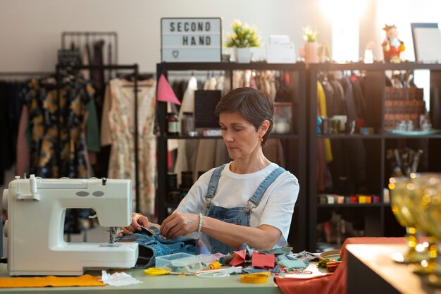 Medium shot woman repairing fashion goods