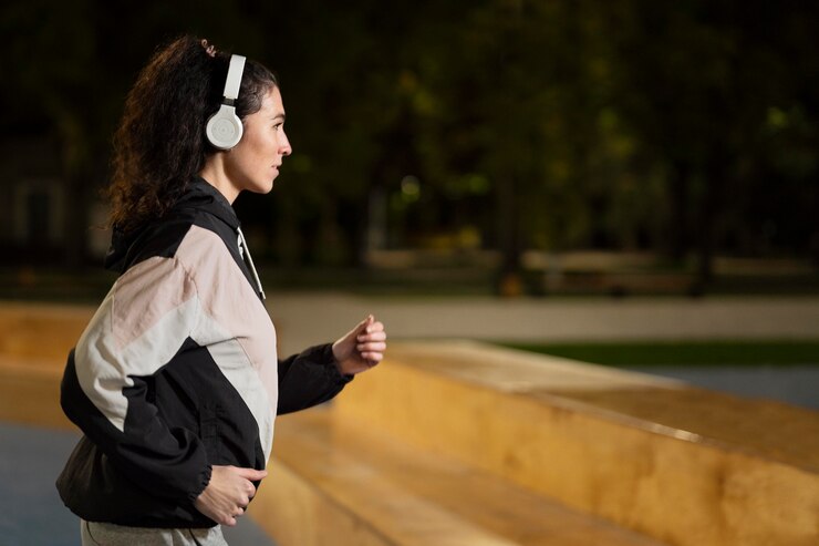 Free Photo medium shot woman running at night