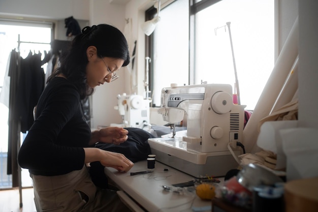 屋内で縫うミディアムショットの女性