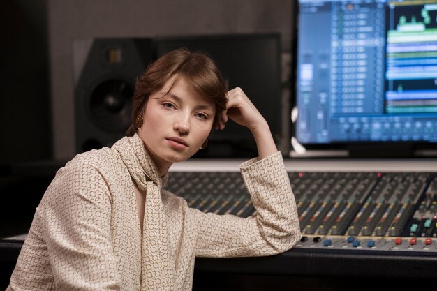 Medium shot woman sitting in studio