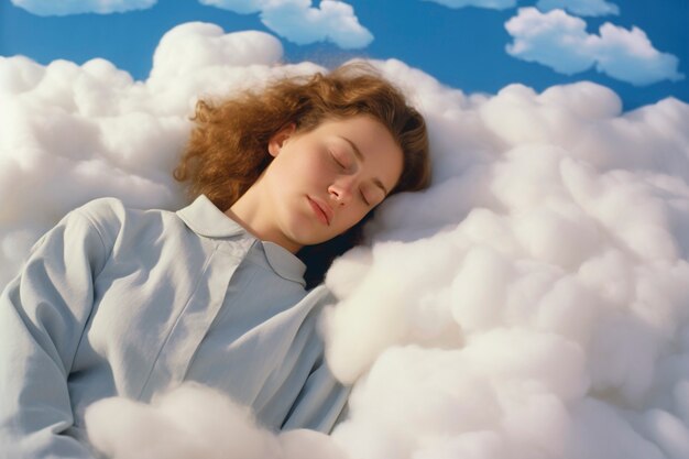 Женщина среднего размера спит на облаках.