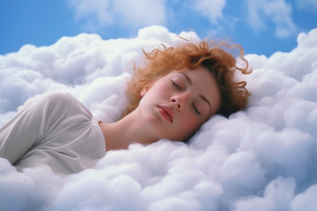 雲の上で眠っている中等身長の女性