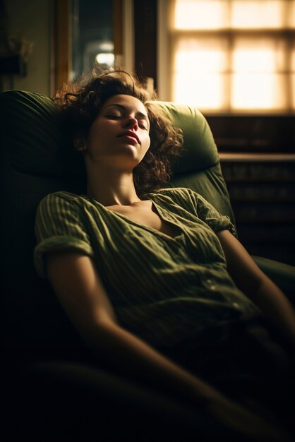Женщина среднего размера спит в помещении.