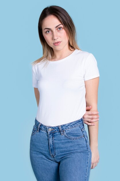 Medium shot woman wearing blank shirt