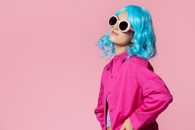 Medium shot woman wearing blue wig