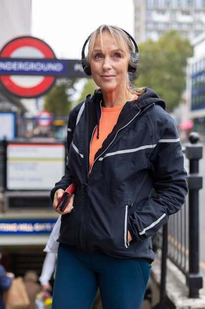 Medium shot woman wearing headphones