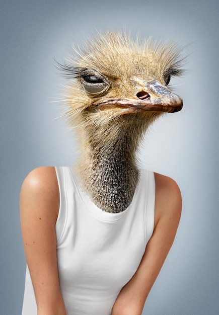 medium shot woman wearing ostrich head