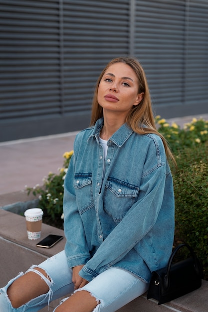 Donna di tiro medio che indossa un completo in denim totale