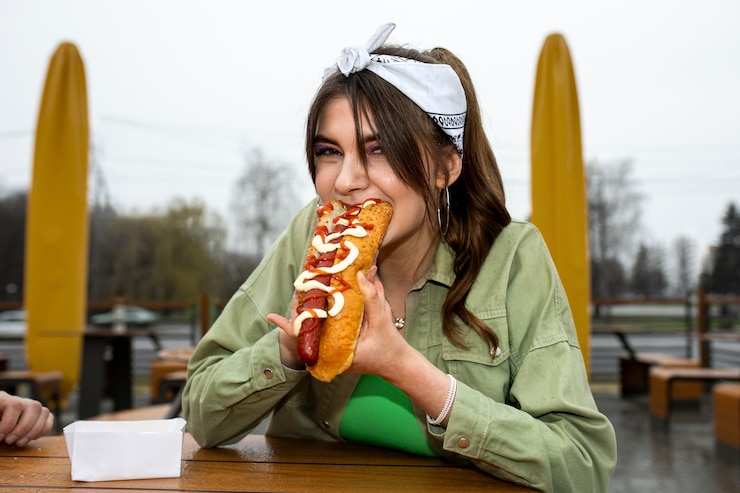 無料Photo おいしいホットドッグを持つミディアムショットの女性