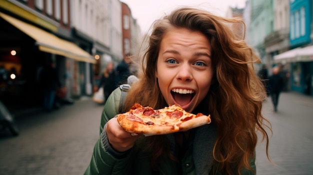 Foto gratuita donna di tiro medio con pizza deliziosa