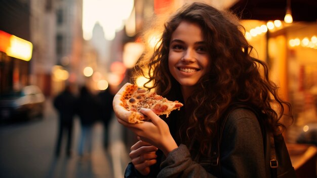Medium shot woman with delicious pizza