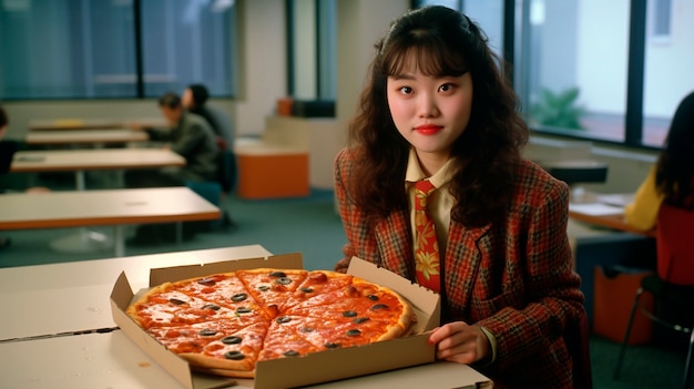 Foto gratuita donna di tiro medio con pizza deliziosa