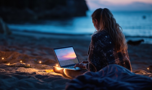 Foto gratuita donna del colpo medio che lavora sulla spiaggia