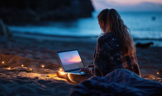 Medium shot woman working on the beach