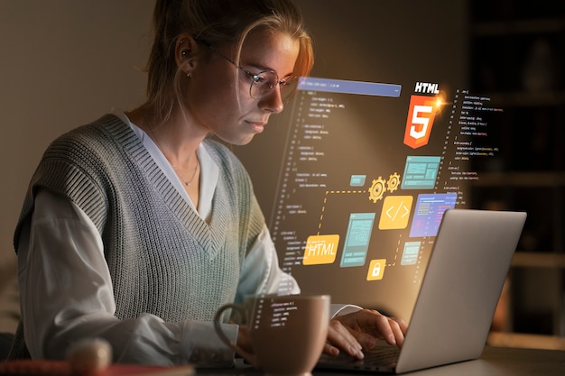 Medium shot woman working on laptop