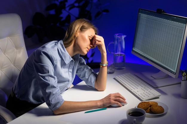 Medium shot woman working late at night