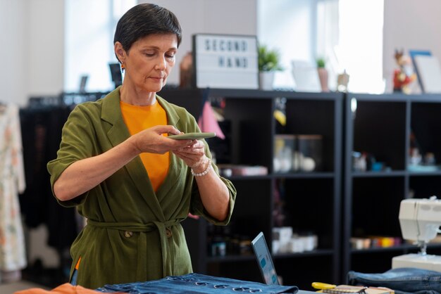 Medium shot woman working at  repair and sale service