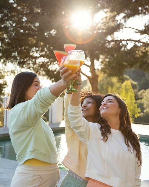 Medium shot women clinking glasses