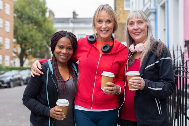 Medium shot women holding coffee cups