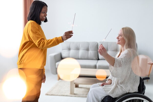 Medium shot women holding fireworks