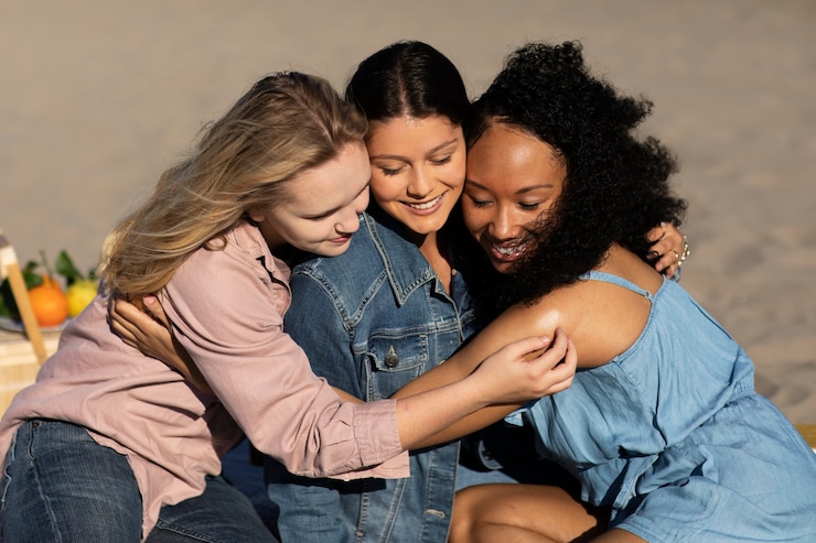 Free Photo medium shot women hugging at beach