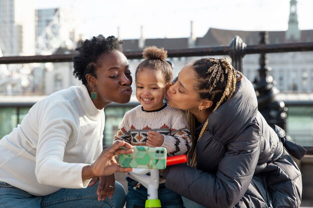 Medium shot women and kid taking selfie