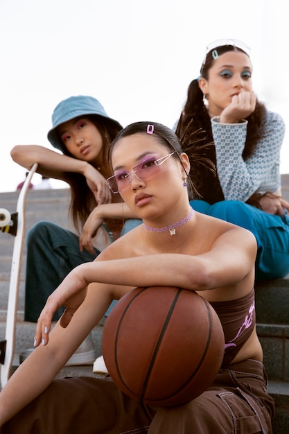 Medium shot women posing with basket ball