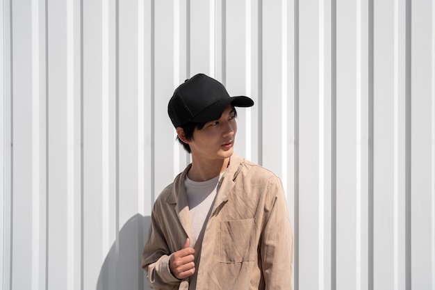 Free photo medium shot young man posing with trucker hat