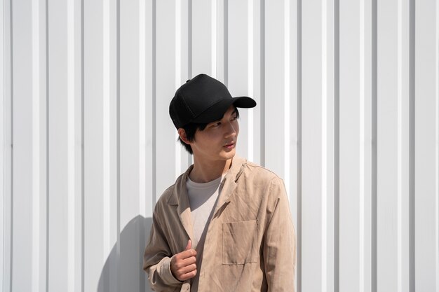 Medium shot young man posing with trucker hat