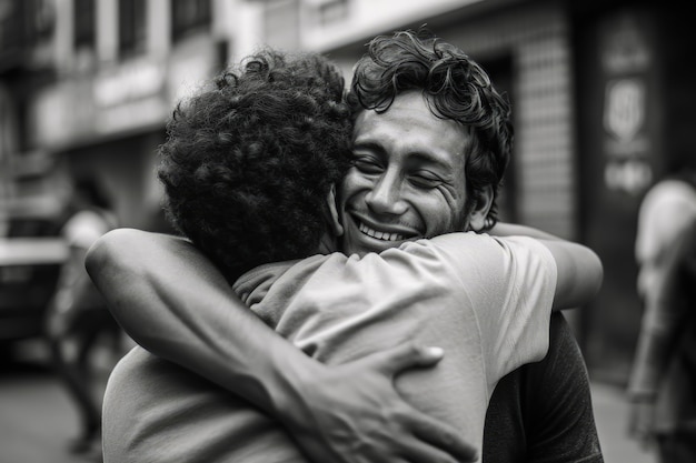 Medium shot young men hugging