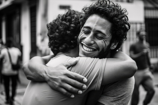 Free photo medium shot young men hugging