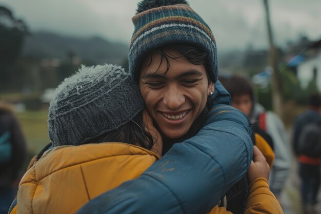 Free photo medium shot young men hugging