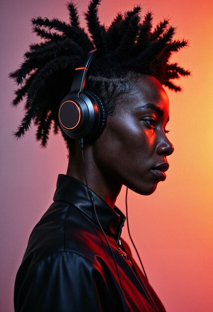 Medium shot young model  listening to music