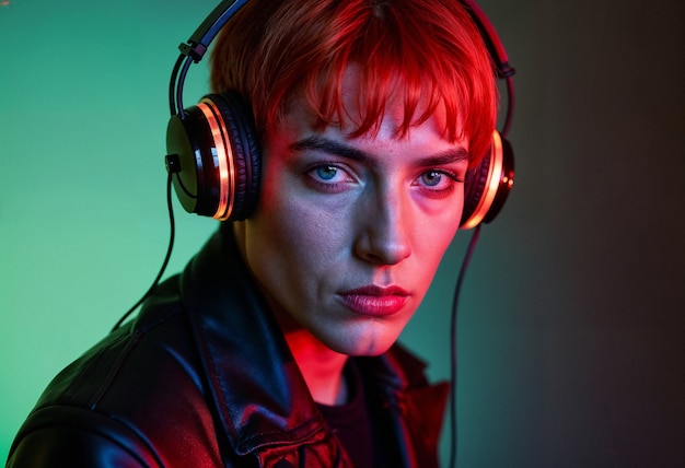 Medium shot young model  listening to music