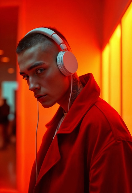 medium shot young model  listening to music