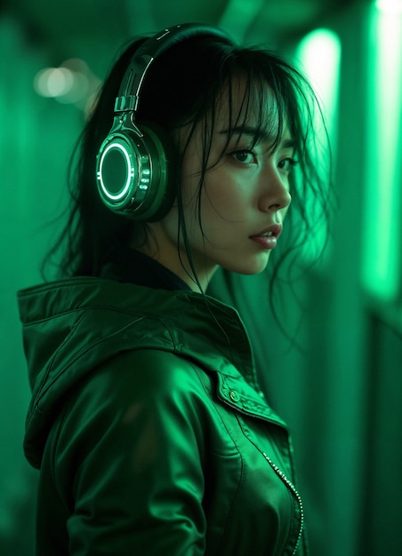 medium shot young model  listening to music