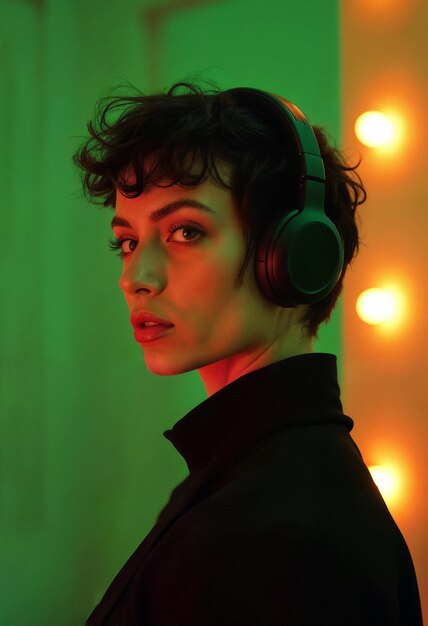 medium shot young model  listening to music