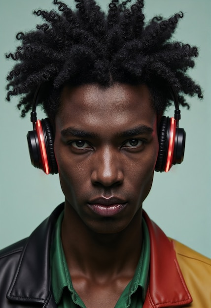 Medium shot young model  listening to music