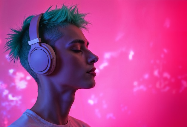 Medium shot young model  listening to music