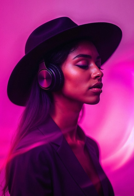 Medium shot young model  listening to music