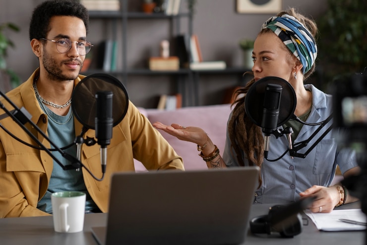 Free Photo medium shot young people recording podcast