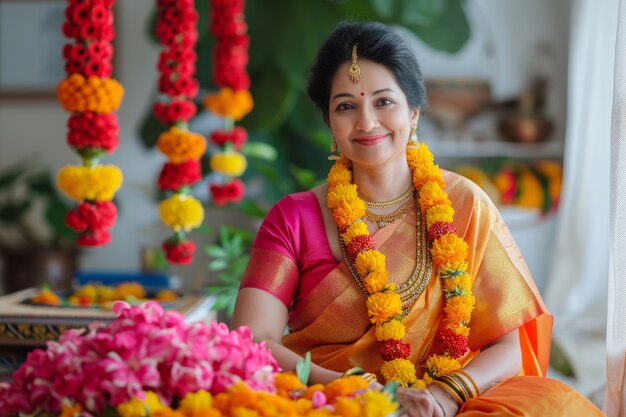 Medium shot young woman celebrating tamil new year