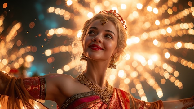 Medium shot young woman celebrating tamil new year