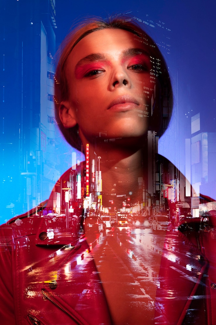 Free Photo medium shot young woman and city double exposure