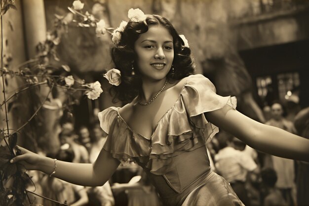 Medium shot young woman posing vintage portrait