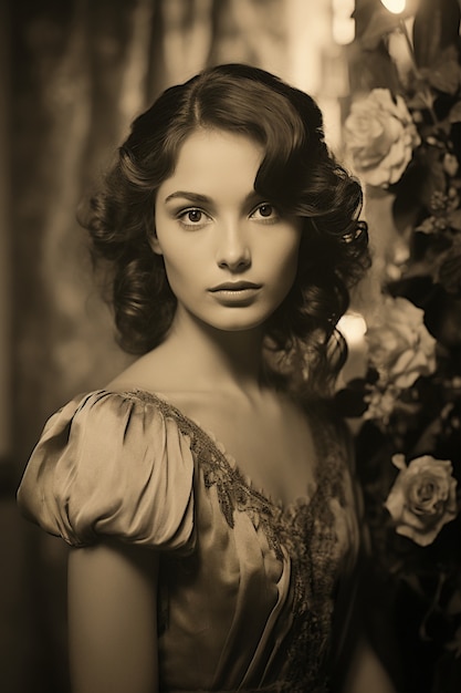 Medium shot young woman posing vintage portrait
