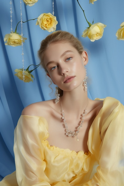 Free photo medium shot young woman posing with roses