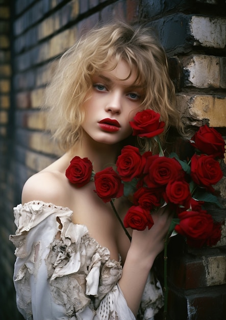 Medium shot young woman posing with roses
