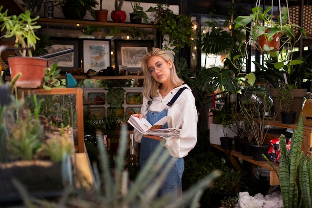 Free photo medium shot young woman surrounded by plants