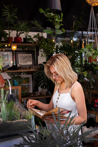 植物に囲まれたミディアムショットの若い女性